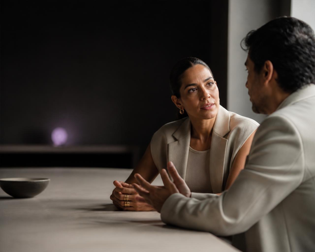 Dos profesionales en conversación estratégica sobre una mesa color hueso, luz de ventana suave y fondo obsidiana