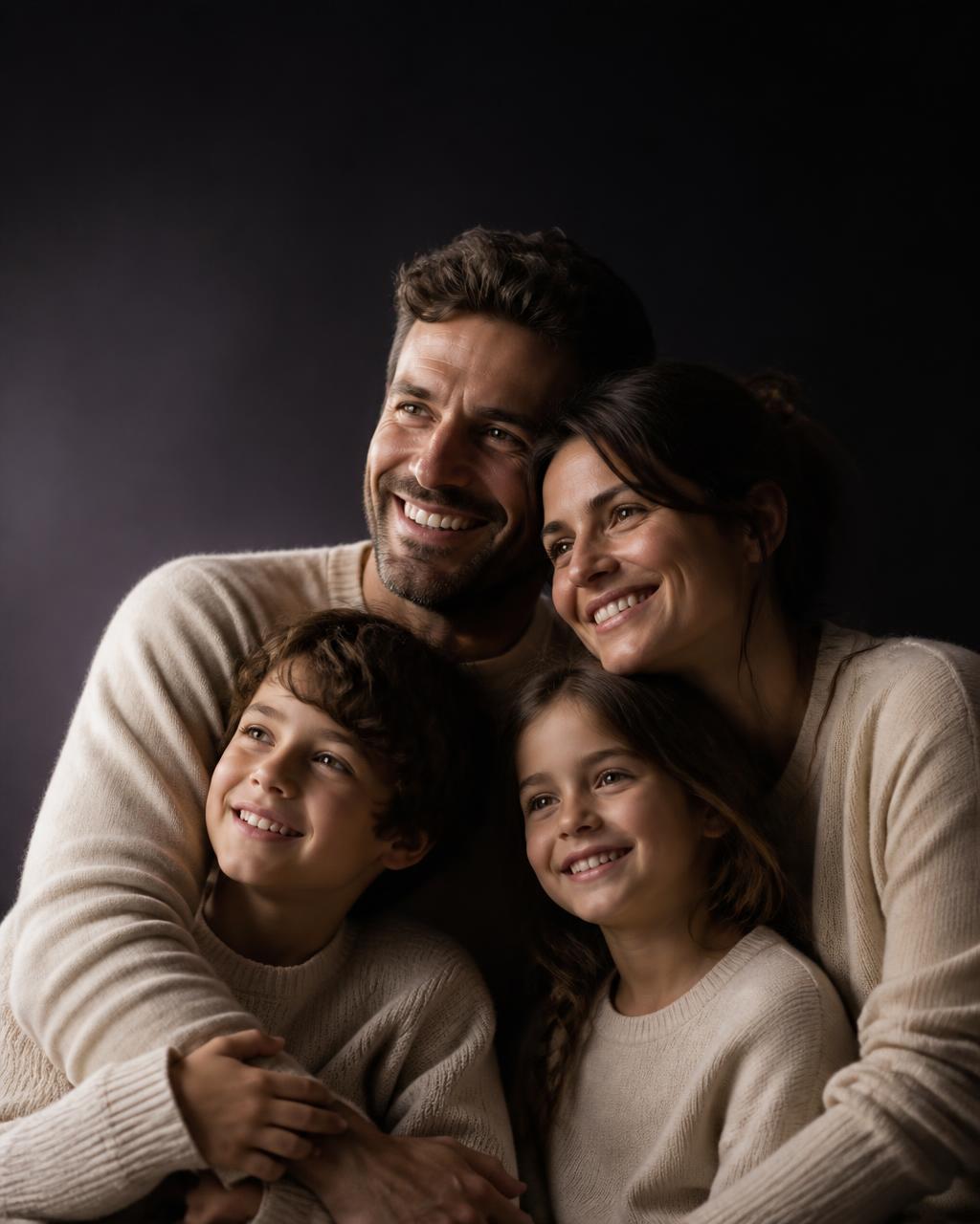 Familia argentina — padre, madre e hijos — sonriendo y abrazados, retrato de estudio con luz suave sobre fondo obsidiana