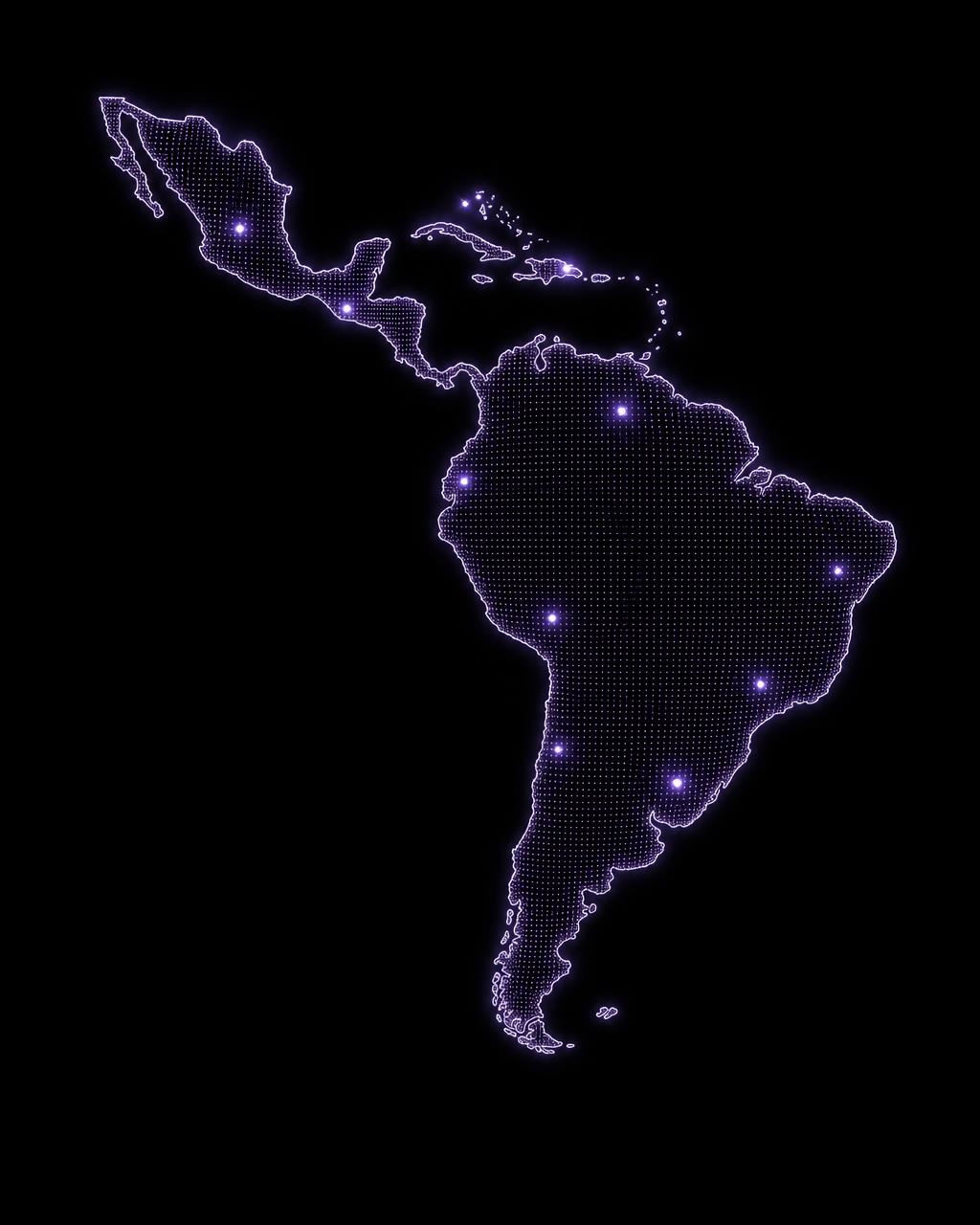 Mapa luminoso de Latinoamérica en tonos violeta y hueso sobre fondo obsidiana, con un halo suave que destaca la región completa