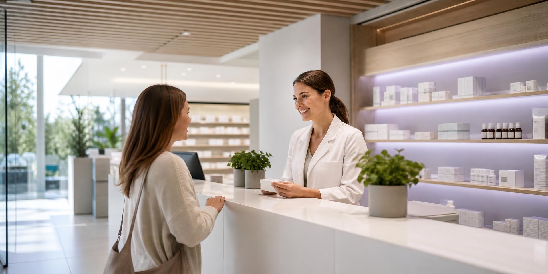 Farmacéutica de excelente presencia atendiendo a una cliente sonriente en un mostrador blanco minimalista, iluminación tipo Apple Store con acento violeta suave, estantes limpios y empaques blancos, fotografía editorial premium
