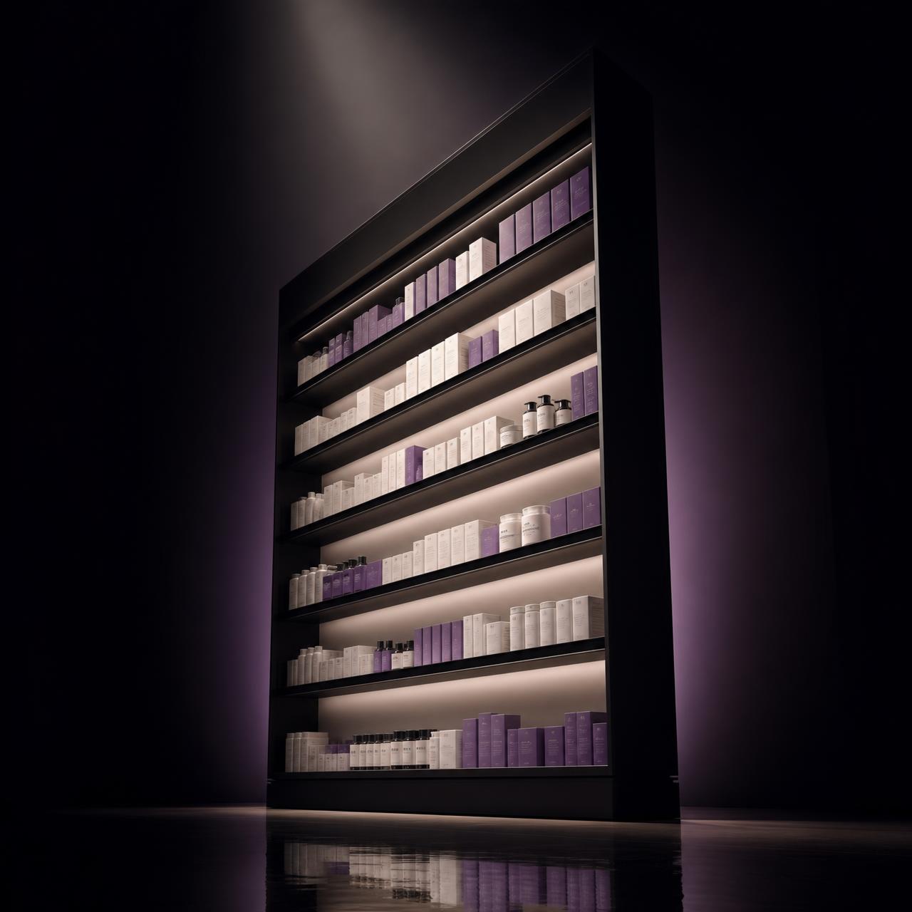 Percha moderna de farmacia estilo editorial, completamente llena de productos en envases blancos y violetas sobre fondo obsidiana, iluminada para proyectar liderazgo de categoría